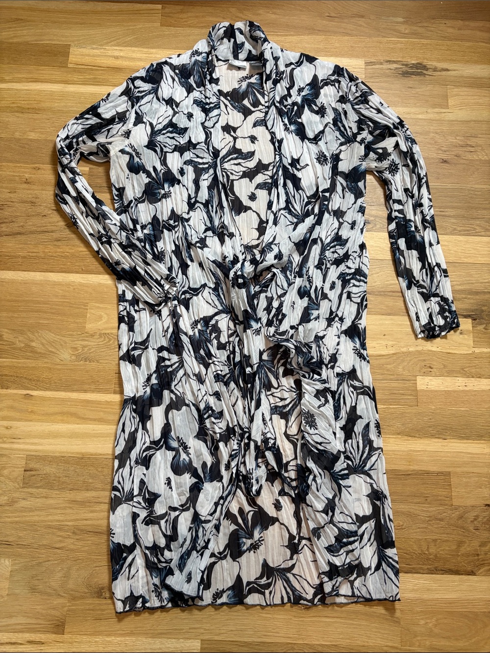 Chico's semi-sheer pleated floral tie-front duster cardigan